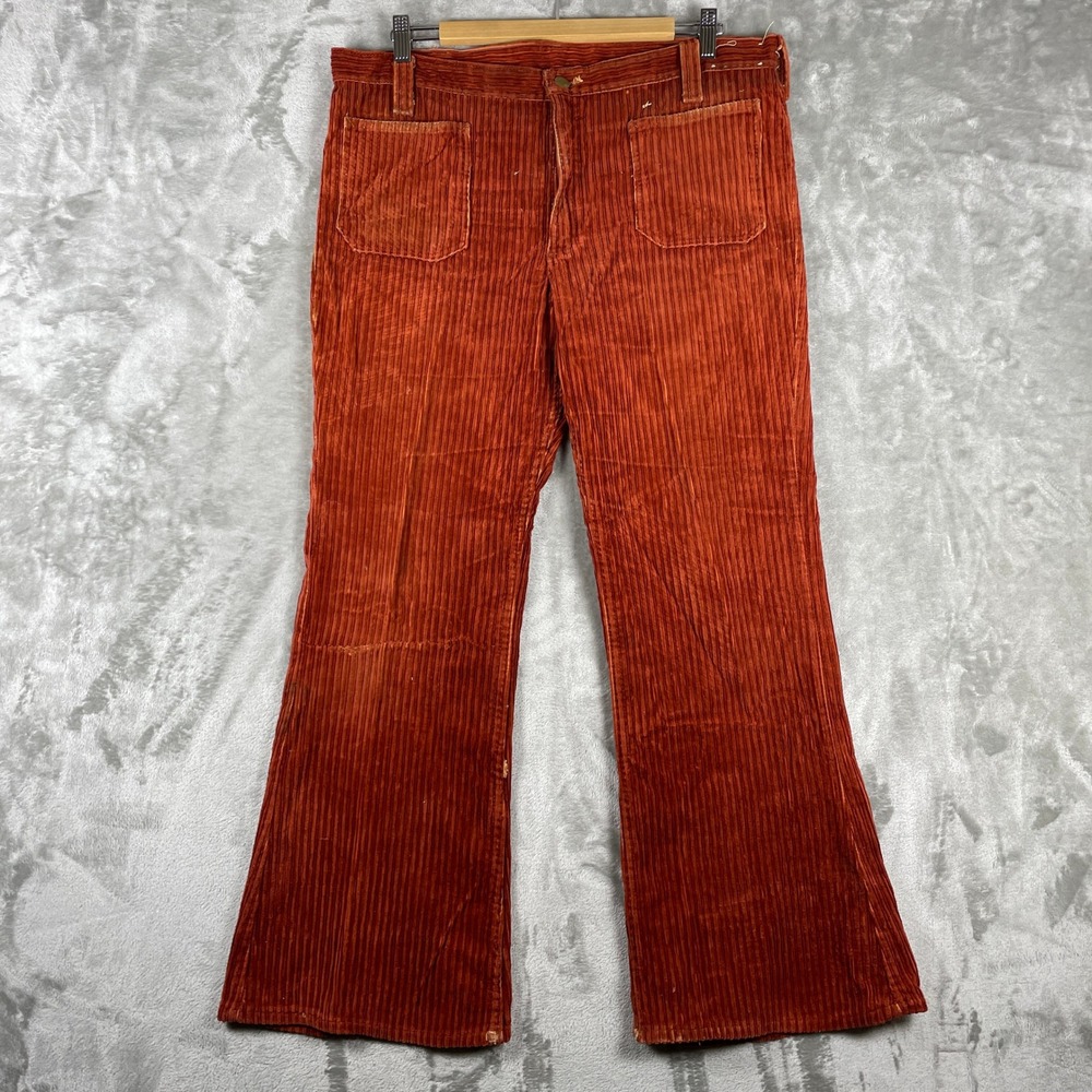 Vintage 70s Lee Corduroy Pants Mens 36x29 Orange Flare Bell Bottom Made in USA